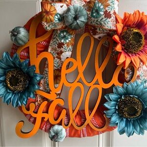 Hello Fall Mini Wreath 12 Inch Front Door  Indoor Decor Teal Orange Sunflowers